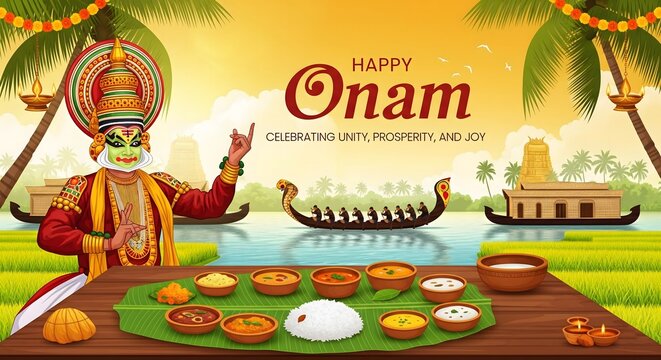 Vibrant onam festival celebration with kathakali dancer and traditional sadhya feast
