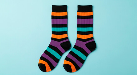 Pair of Brightly Colored Striped Socks on a Pastel Background
