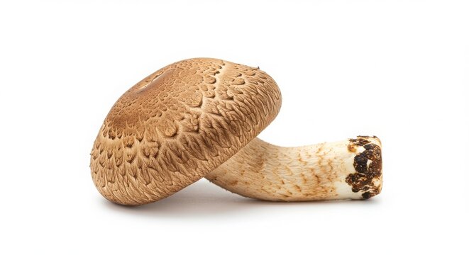 Isolated eastern shiitake mushroom in natural formon a white background with details of seeds and natural features in focus