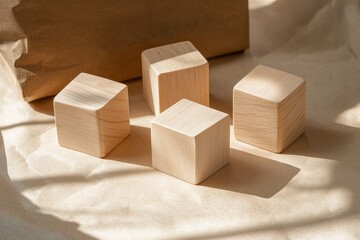 Fototapeta premium Minimalist product scene with five wooden cubes on beige paper and brown kraft bag in background, neutral aesthetic for branding use