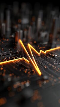 Abstract visualization of isolated bright pulses triggering on a black circuit board resembling a cardiac electrogram with benign arrhythmias.