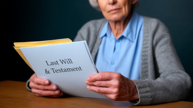 Estate law planning. Estate law planning document held by elderly woman showing last will testament for legal guidance
