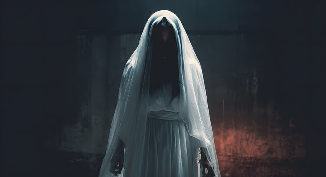 Horror Scene of a Possessed bride Woman ghost halloween in dark oom