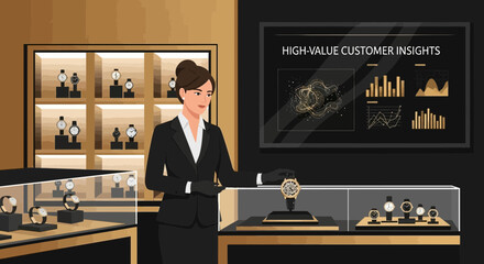 Sophisticated Watch Boutique Illustration with Data-Driven Insights Presentation