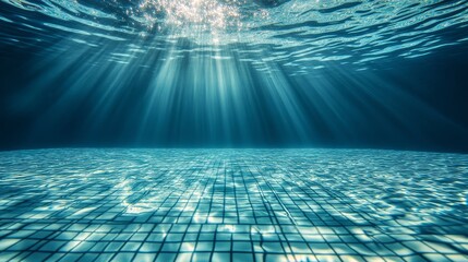 Below surface swimming pool shot, deep azure water gradients, grid pattern pool tiles, clean lines and symmetry, scattered air bubbles, sunbeams piercing water surface, underwater architectural