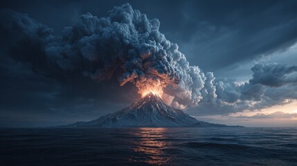 Volcano erupting with ash and smoke billowing into dark, stormy sky over ocean at sunrise