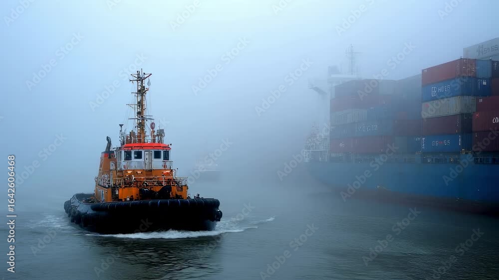 Poster a tugboat navigating through a foggy harbor representing uncertainty in global trade routes as vesse