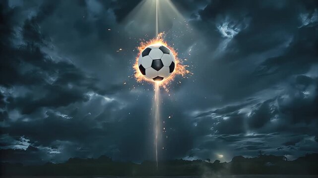 Soccer ball struck by lightning under stormy night sky with dramatic energy and excitement for world cup 2026 explosion