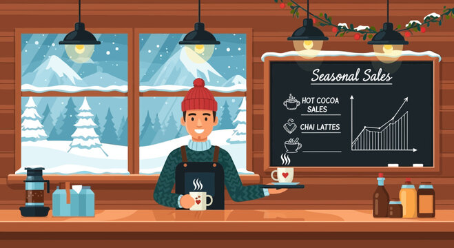 Cozy winter cafe scene with seasonal drinks and cheerful barista illustration