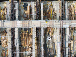 Aerial view of building construction site foundation