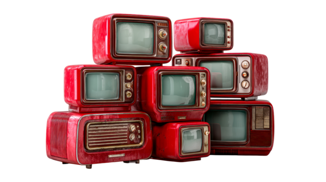 Stack of vintage red television sets on a white surface - Powered by Adobe