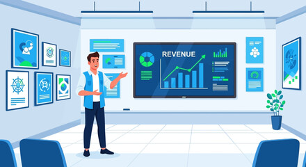 Financial presentation with revenue growth showcased on a large interactive display