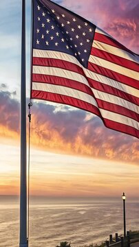 American flag waving sunset with vibrant sky and ocean view, symbolizing unity and hope for fifa celebration, unity and hope shine as american flag