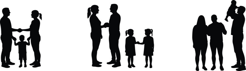Silhouette of family with children, parents and kids bonding, happy family moments, parenting, love, unity, childhood, togetherness, black illustration