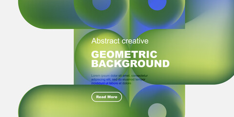 Abstract geometric design. Overlapping shapes create vibrant gradients. Text promotes creative background options, includes read more button.