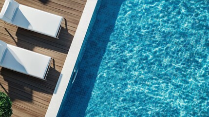 Obraz premium Top-down perspective of modern pool design, azure blue tile pattern beneath transparent water, rich wooden deck platforms, minimalist white pool loungers perfectly arranged, chrome pool ladder