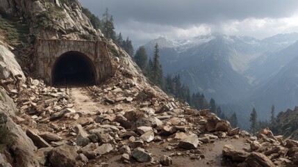 Mountain landscape with abandoned railway tunnel in rocky terrain and snow-capped peaks under cloudy sky