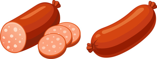 Sausage illustration showing whole and sliced pieces, perfect for food, cooking, meat products, and culinary design projects.