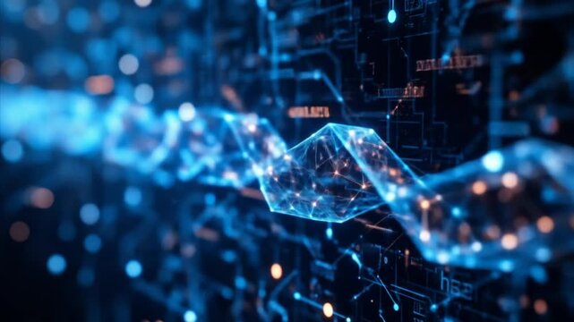 The concept of digital blockchain technology. Blockchain chains with digital networks and binary code. Smart grid connections. Blockchain technology and cybersecurity. 4k video