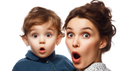 Woman and child express surprise with wide eyes and open mouths