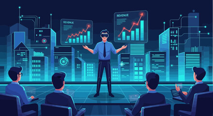 Innovative virtual reality presentation showcasing ascending revenue growth and business metrics