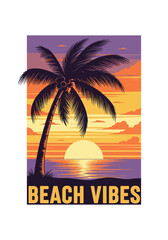 Summer 'Beach Vibes' vector art featuring a tropical palm tree at sunset, an ideal graphic template for t-shirt screen printing.