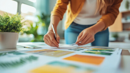 Woman Working on Art Design Project with Colorful Paint Samples