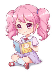 Cute Anime Girl with Pink Hair Reading a Book