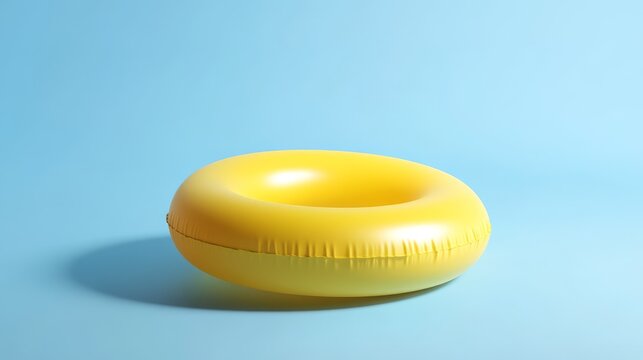 Tilted yellow pool float ring suspended in mid-air against pale blue gradient background, showing volume and dimension, soft shadows, matte rubber texture with subtle gloss highlights, clean minimal