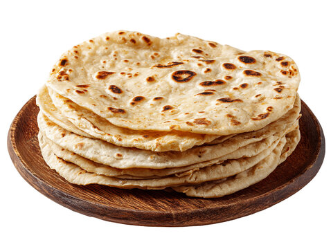 Stack of Whole Wheat Flatbreads on Wooden Plate, PNG