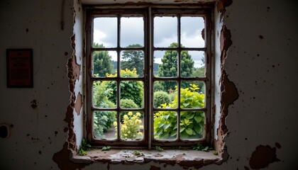 Obraz premium Melancholic Window View Overgrown Garden