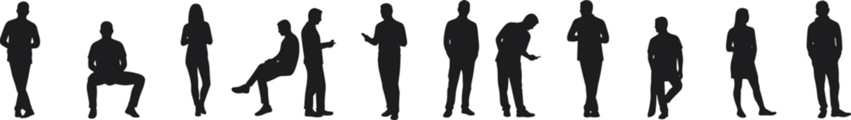 Silhouette people standing, sitting, using phone, casual poses, modern lifestyle, communication, men and women, isolated black human figures