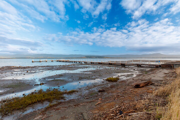 Photograph of an old wooden jetty in Lake Illawarra near Warrigal in the Illawarra region on the south coast of New South Wales, Australia. 