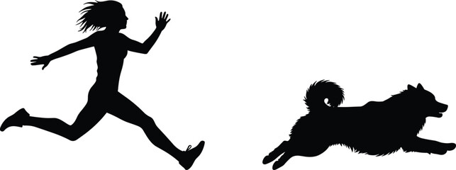 Silhouette of woman running with jumping dog, active lifestyle, fitness concept, pet exercise, outdoor activity, motion capture illustration, energy
