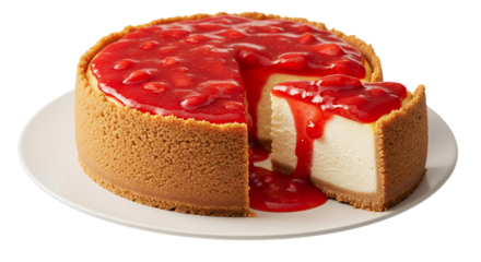 A luscious, perfectly baked, round strawberry cheesecake is presented from a slightly elevated, white background isolated
