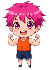 Cartoon Boy with Pink Hair Flexing Muscles
