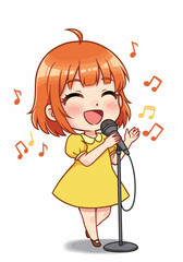 Cheerful Cartoon Girl Singing into Microphone with Musical Notes
