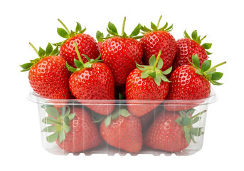 A perfectly ripe, vibrant red cluster of fresh strawberries, translucent plastic clamshell container, white background isolateed