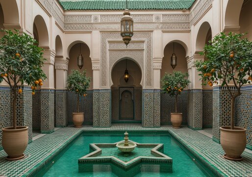 Moroccan courtyard with star shaped pool and orange trees in pots under arches and hanging lamps