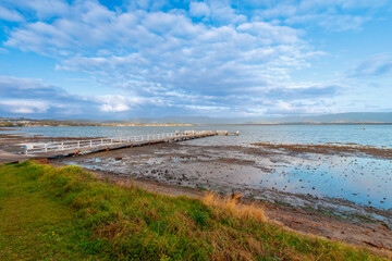 Photograph of an old wooden jetty in Lake Illawarra near Warrigal in the Illawarra region on the south coast of New South Wales, Australia. 