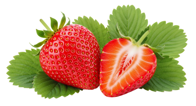 A perfectly ripe red strawberry and its corresponding half are artfully arranged on a flat surface, fresh green strawberry leaves, white background isolated