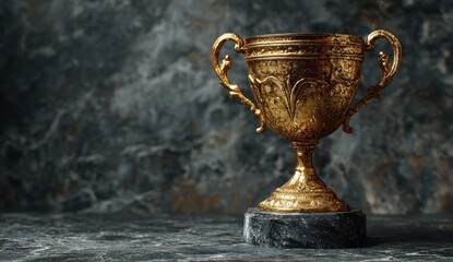 A stunning golden trophy shining brightly on a luxurious marble pedestal illuminated by a warm spotlight creating an exquisite display of elegance and achievement