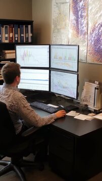 Statistician immersed in data analysis in a quiet office comparing regression outputs on dual monitors with bright graphical visualizations attached to fabric walls and