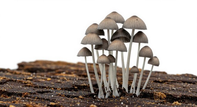 clustered fairy inkcap mushrooms on decayed wood isolated on white background with earthy tones
