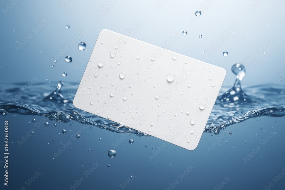 Poster blank white card with water droplets floating in clean water splash on bright blue background for br