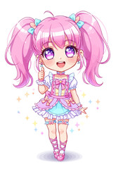 Chibi Anime Girl with Pink Hair and Colorful Dress Giving Thumbs Up
