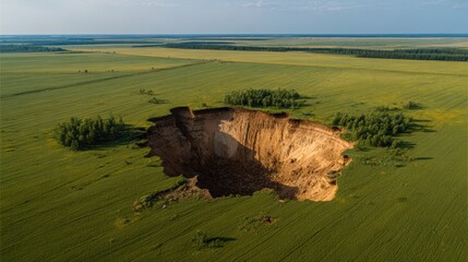 Large ground collapse crater in vast green agricultural field during daytime