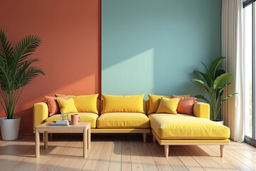 Yellow sectional sofa in a contemporary living room with terracotta and teal walls.