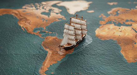 Model Sailing Ship Cruising on a Vibrant World Map
