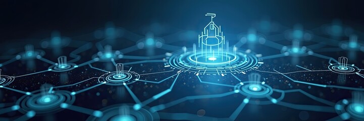 Futuristic network graphic with glowing nodes.